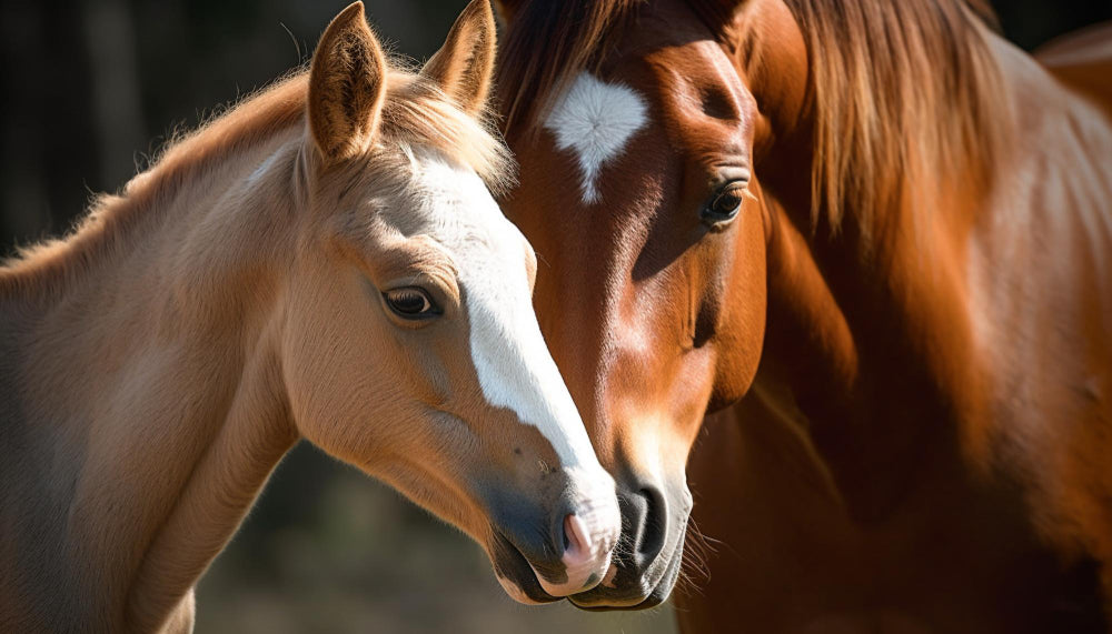 Two horses, one brown and one with a white stripe, standing close together.