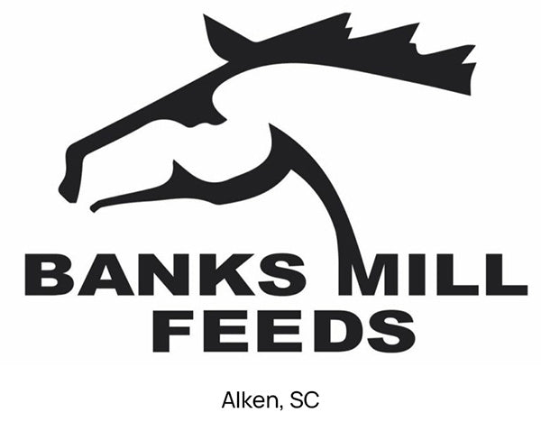 Logo of Banks Mill Feeds with a black silhouette of a horse on a white background.