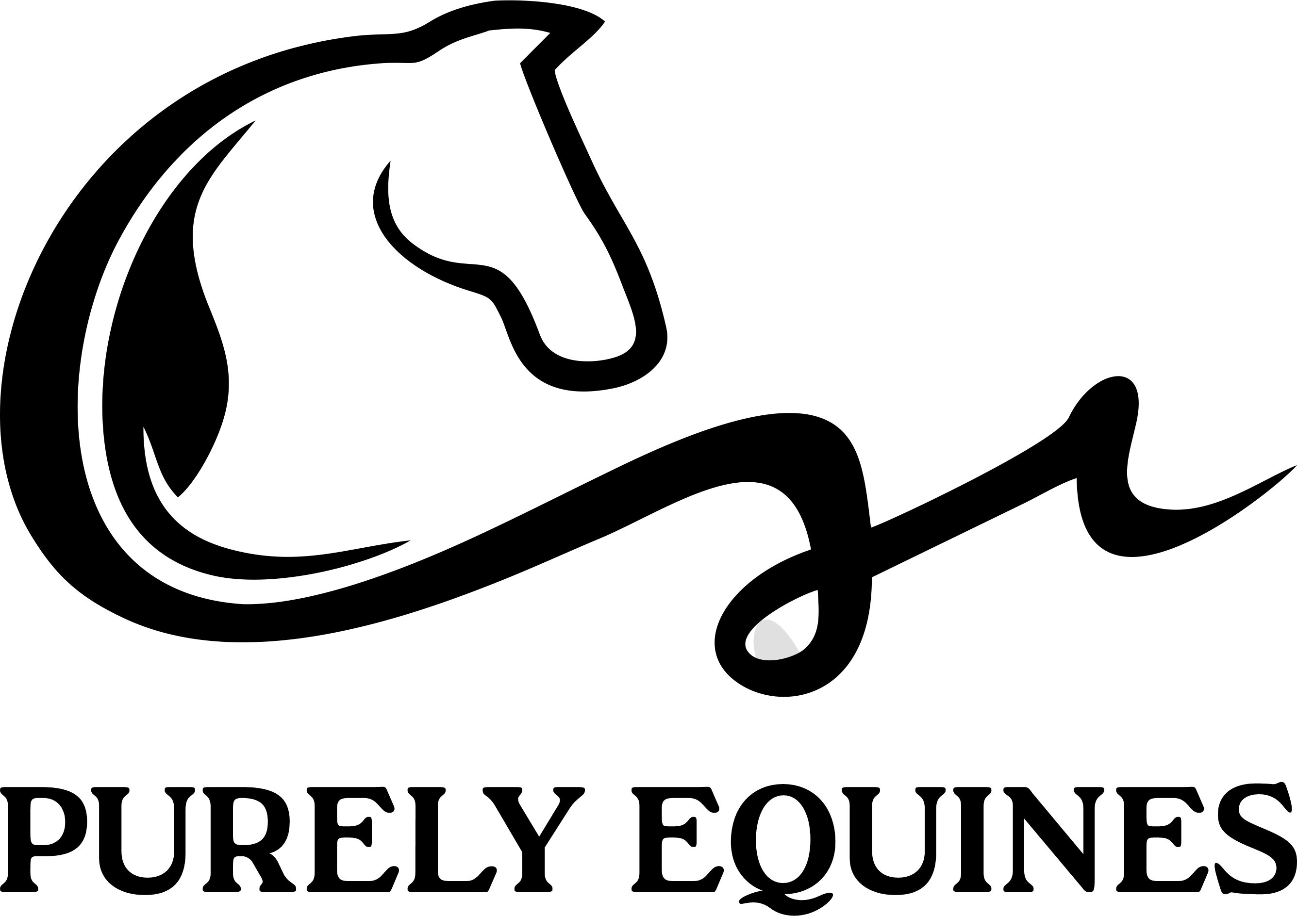 Black logo of a horse head with the text 'PURELY EQUINES' on a white background